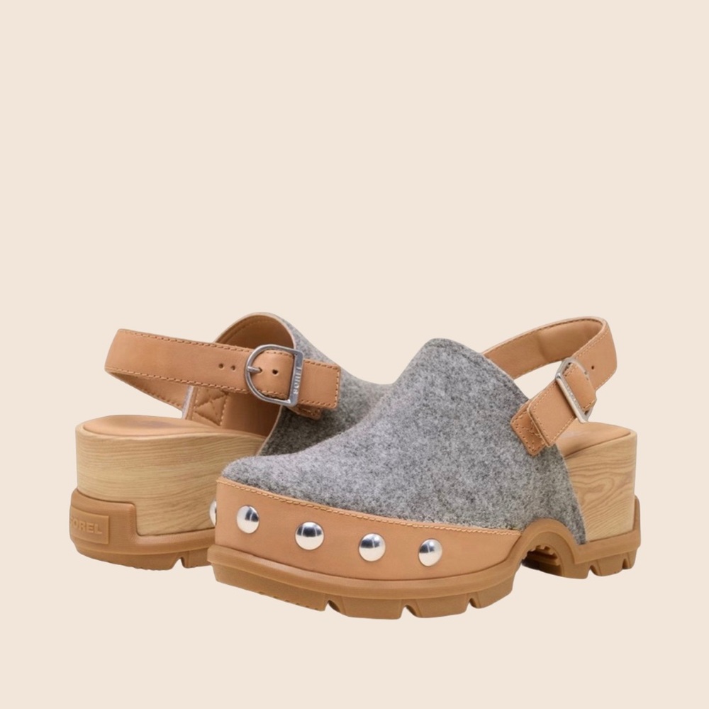 Sorel Grey Felt & Tan Leather Clog Sandals